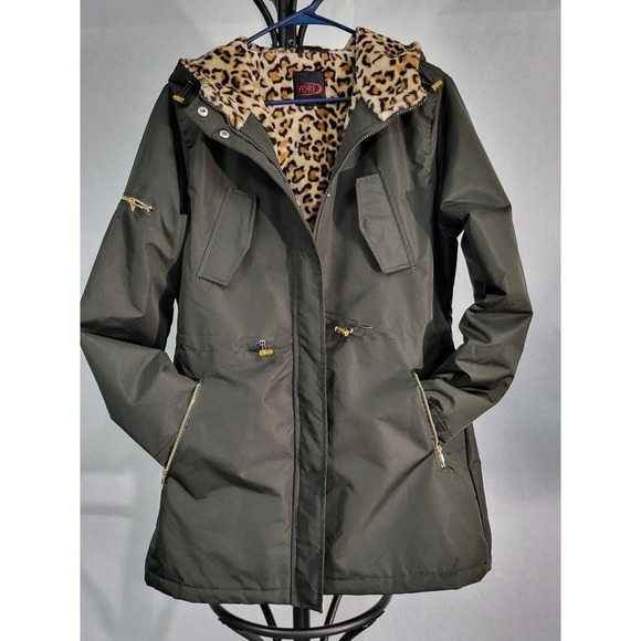 Yoki Olive Green Anorak Jacket Leopard Faux Fur Lined Hooded Drawstring - Picture 3 of 11